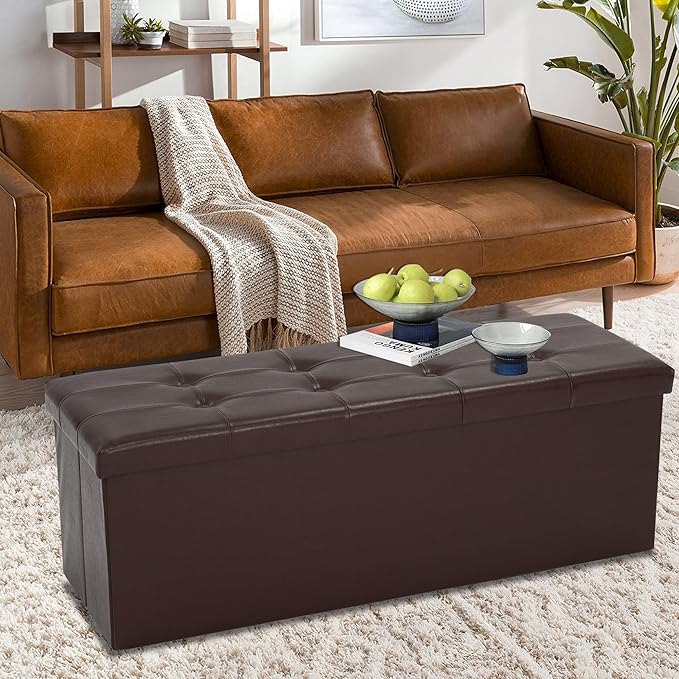 43 Inches Folding Storage Ottoman Bench, PU Leather Storage Chest, Footrest Padded Seat for Bedroom and Hallway, Holds up to 660 lbs, Brown-CasaMuseHome