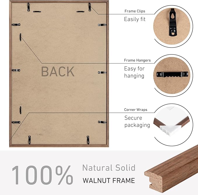 20x30 Poster Frame Set of 2 Natural Solid Walnut Photo Frames with 16x24 Removable Mat Wall Hanging Large Handcrafted Frame with HD Plexiglass Wall and Tabletop Display Large Picture Frame-CasaMuseHome