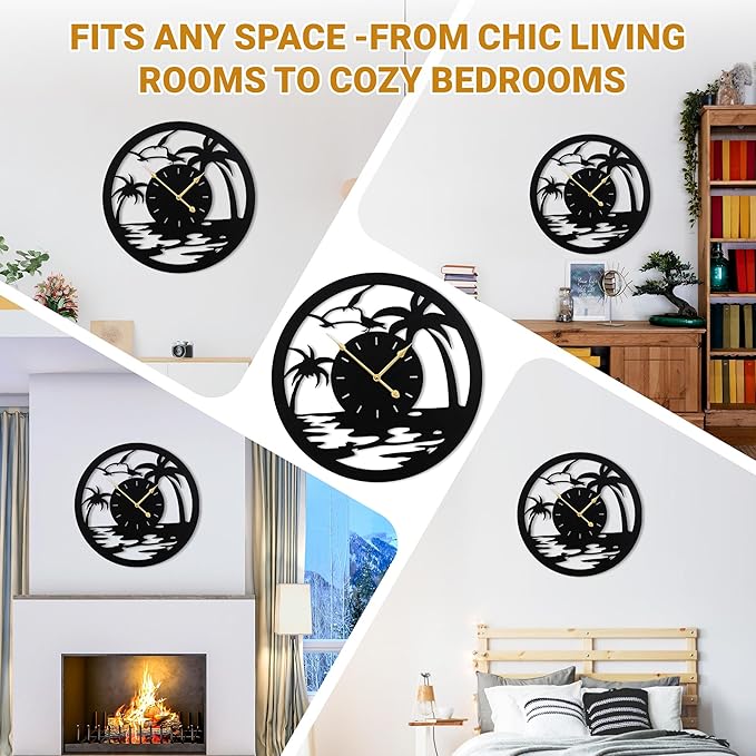 20inches/50cm Wall Clocks Palm Tree Battery Powered No Ticking Silent Round Black Modern Unique Metal Wall Clocks Suitable Living Room Kitchen Bedroom Fireplace Office Farmhouse。-CasaMuseHome