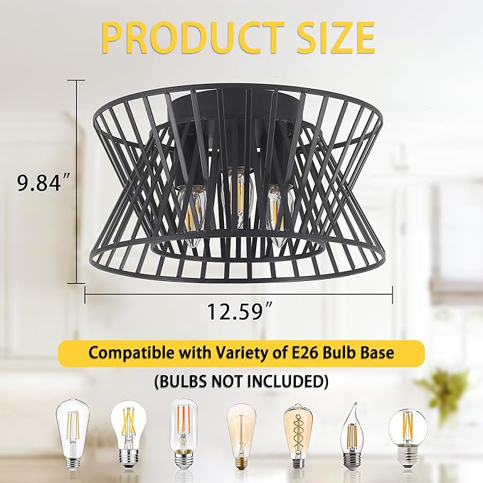 3-Lights Black Ceiling Light Vintage Geometric Chandelier Light Fixture Adjustable Metal Semi Flush Mount Lighting for Kitchen Room Dining Room Foyer-CasaMuseHome