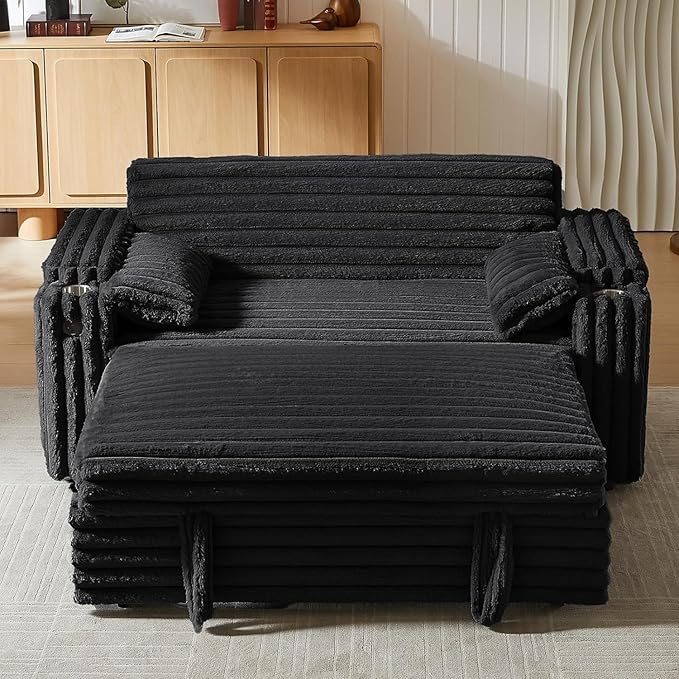 57-Inch Velvet Full Size Sleeper Sofa Couch with Pullout Bed,Convertible Pull Out with Golden Decorative Strip and Adjustable Backrest for Small Spaces,Apartment, Guest Room, RV (1109Black)-CasaMuseHome