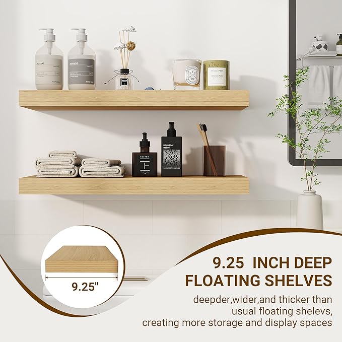 24 Inch Floating Shelves, 3D Textured Wood Grain, 24"x9.25"x1.5" Inch Deep Floating Shelves for Wall, Wooden Shelves for Bathroom, Bedroom, Living Room, Natural-CasaMuseHome