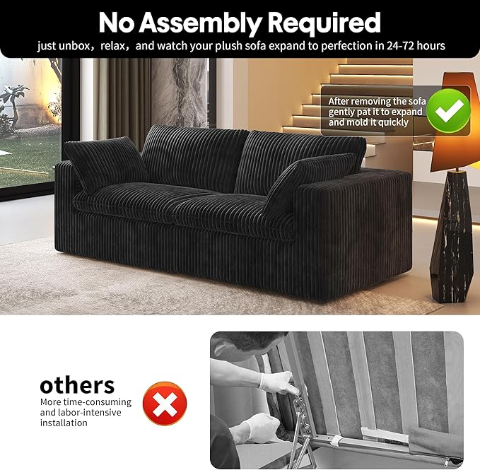 78.74" LoveSeat Cloud Sofa,Modular Sectional Couch,Modern Deep Seat Upholstered Couches with Plush Corduroy Fabric for Living Room Furniture,Bedroom and Apartment,No Assembly Required,Black-CasaMuseHome
