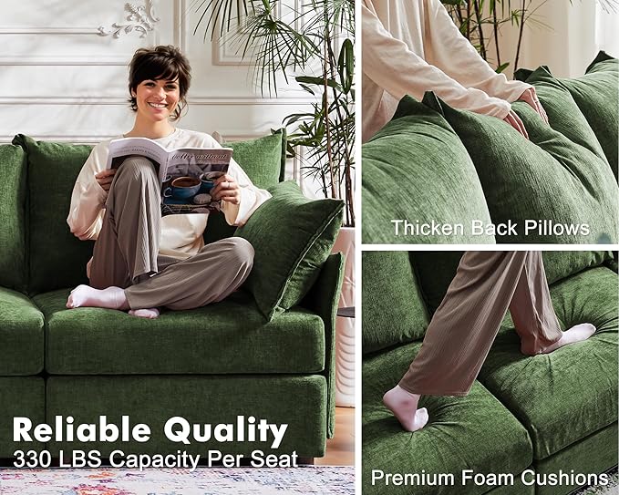 136.4" Oversized Modular Sectional Sleeper Sofa Bed, U Shaped Convertible Couch with Movable Ottoman, Large 8 Seat Corner Couches for Living Room Deep Seat Green Chenille-CasaMuseHome