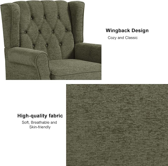 Accent Chair, Upholstered Armchair with Button Tufted High Back & Solid Wood Legs, Comfy Wingback Reading Single Sofa Chair for Small Spaces, Living Room, Bedroom (Green, Set of 1)-CasaMuseHome