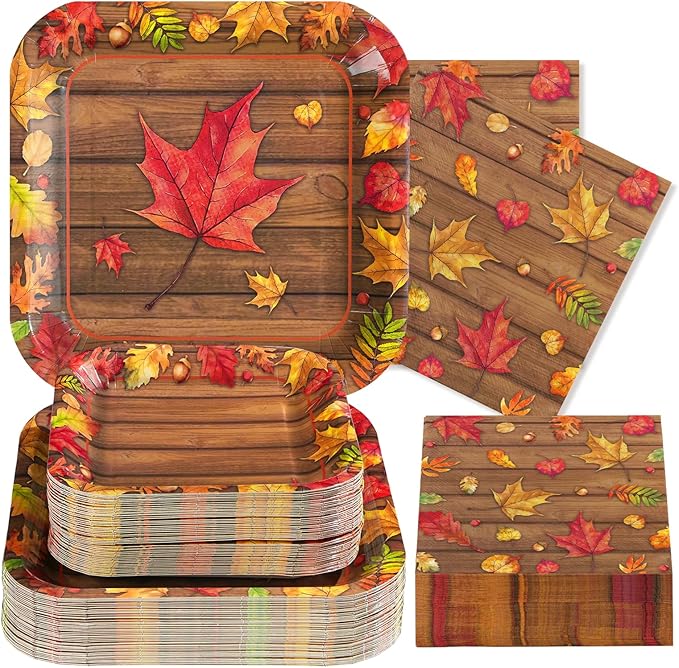 200Pcs Fall Party Decorations Watercolor Autumn Maple Leaves Paper Plates and Napkins Thanksgiving Wooden Grain Tableware Sets for Holiday Harvest Birthday Wedding Dinner Party Supplies Serves 50-CasaMuseHome