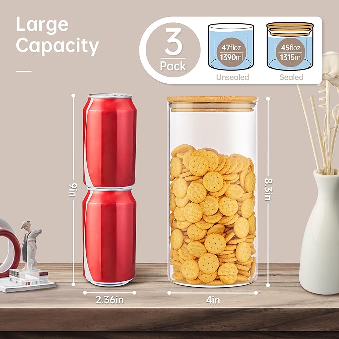45oz - 3 Pack Glass Jars with Bamboo Lids, Glass Pantry Storage Containers with Airtight Lids, Round Air Tigh Food Storage Canisters for Cereal, Pasta, Flour, Sugar, Rice, Best for Kitchen Organizer-CasaMuseHome