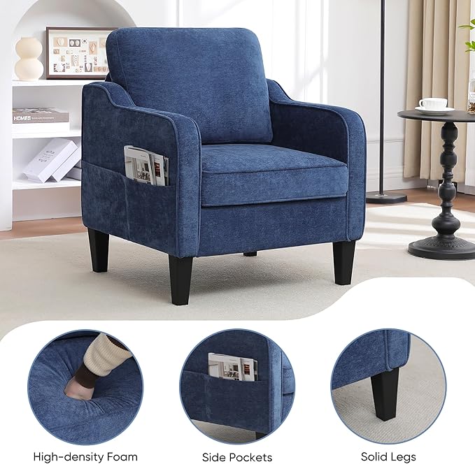 Accent Chairs Set of 2, Upholstered Living Room Chairs with Side Pockets, Mid Century Modern Reading Chair for Bedroom, Comfy Armchair Single Sofa Side Chair for Office, Small Room, Blue-CasaMuseHome