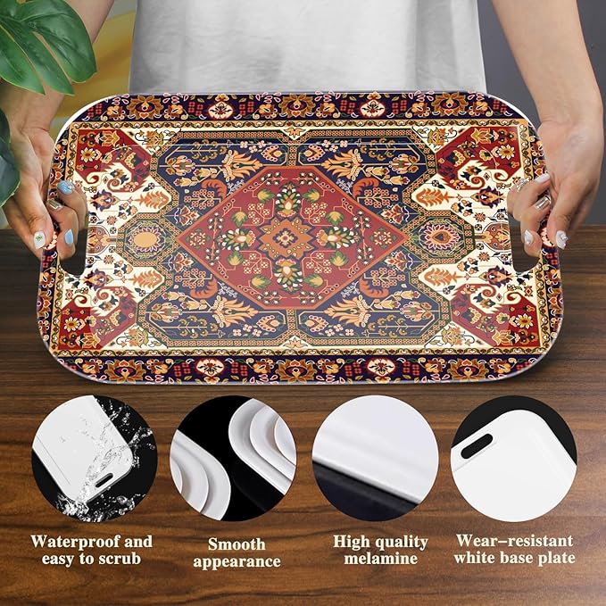 Serving Trays with Handles, 14.5 x 9.8 inch Rectangular Plastic Tray for Restaurant, Kitchen, Dark Red Pattern-CasaMuseHome