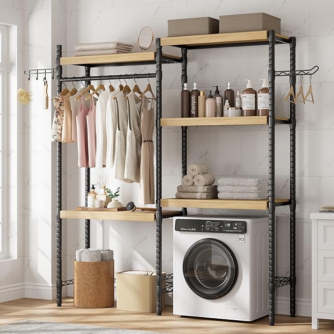 5-Tier Over-The-Washer Shelf - Adjustable 28" Laundry Organizer with 100lb Double Wood Shelves, Space-Saving Storage Unit for Small Homes (Natural & Black)-CasaMuseHome