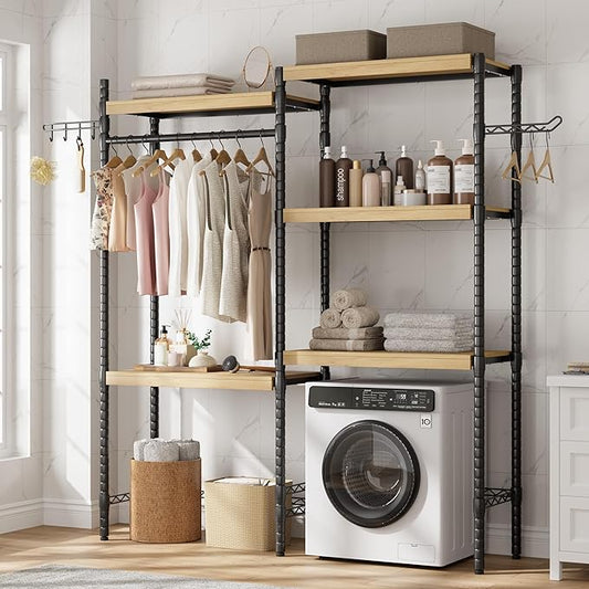 5-Tier Over-The-Washer Shelf - Adjustable 28" Laundry Organizer with 100lb Double Wood Shelves, Space-Saving Storage Unit for Small Homes (Natural & Black)-CasaMuseHome