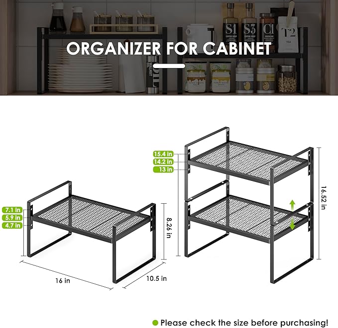 2 Pack Kitchen Countertop Organizer, Stackable Cabinet Shelf Organizer, 2 Tier Adjustable Kitchen Counter Shelves Riser For Pantry Cupboard Bathroom Organization And Storage, Desk Shelf,Spice Rack-CasaMuseHome