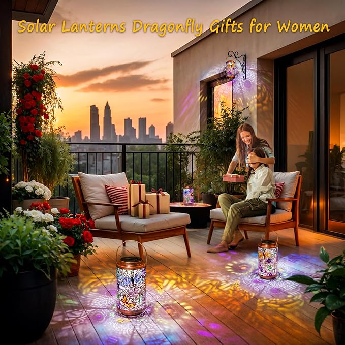 2Pack Solar Outdoor Lanterns Waterproof Multicolor Dragonfly Garden Gifts for Mom Women Backyard Lights Lanterns for Indoor,Outdoor, Porch, Outside,Mothers Day Gifts for Grandma Wife-CasaMuseHome