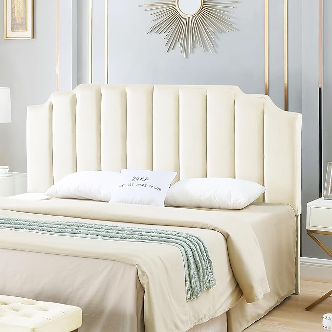 24KF Cream Velvet Tufted King Upholstered Headboard, Modern Vertical Channel Design California King Headboard with Stepped Silhouette Top Edge,Cream-CasaMuseHome