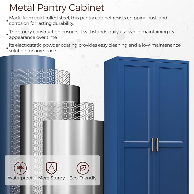 71" Metal Pantry Cabinet, Tall Kitchen Pantry Storage Cabinet with 4 Adjustable Shelves and Gold Handles, Blue Cupboard for Kitchen, Dining Room, Living Room-CasaMuseHome