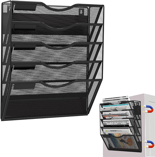 5-Tier Magnetic File Holder, No Drilling Installation File Cabinet Organizer, Black Magnetic File Organizer, Magazine Rack, Magnetic Paper Holder for Refrigerator, File Cabinets, Whiteboard-CasaMuseHome