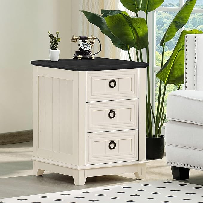 18" Farmhouse Night Stand with 3 Drawers, Wood End Table Dresser for Bedroom, White Nightstand, Bed Side Table with Metal Handle, Bedside Cabinet for Bedroom Living Room, Closet-CasaMuseHome