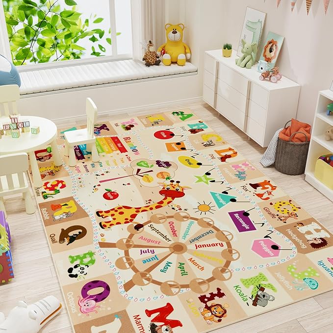 4x6 Playroom Rugs for Kids Washable, Educational and Fun Playmat with ABC Alphabet Animals Shapes Colors, Non-Slip Play Mat Learning Rugs for Baby Toddler Children Game Activity, Beige-CasaMuseHome