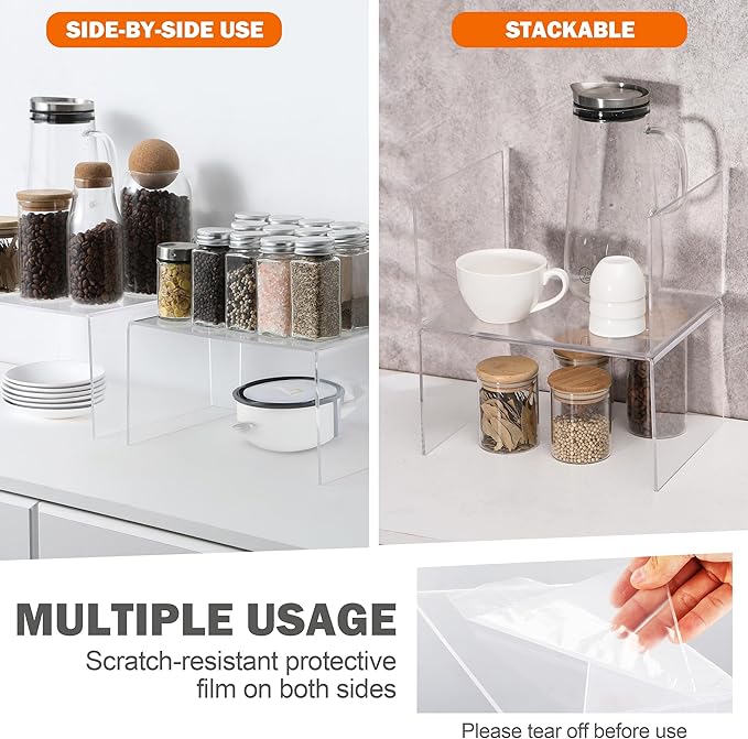 Acrylic Kitchen Cabinet Organizer Shelf, Spice Rack, Plate and Cupboard Storage Riser, Versatile Pantry Shelf, Durable Clear Countertop Organizer for Home and Kitchen(4 PCS)-CasaMuseHome