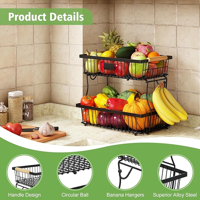 2 Tier Fruit Basket for Kitchen Counter with 2 Banana Hangers, Countertop Metal Fruit Bowl with Wooden Handle, Large Storage Stand for Vegetables, Snacks, Breads, Produce Storage – Black-CasaMuseHome