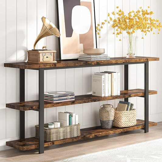 70.8 Inch Extra Long Console Table for Entryway, Narrow Hallway Table, Wood Sofa Table with 3 Tier Storage Shelves for Living Room-CasaMuseHome
