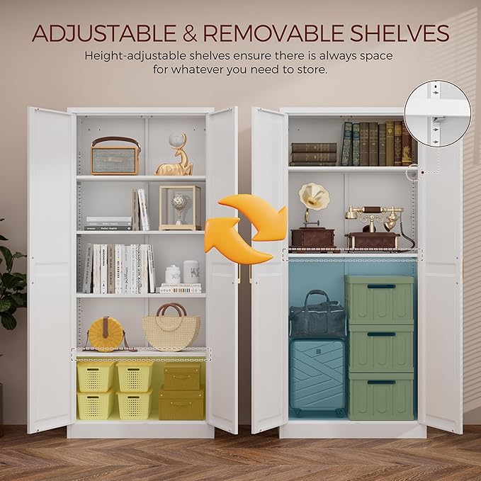 71" Tall Metal Pantry Cabinet, White Kitchen Pantry Storage Cabinet with 4 Adjustable Shelves and Gold Handles, Cupboard for Kitchen, Dining Room, Living Room, Bathroom-CasaMuseHome