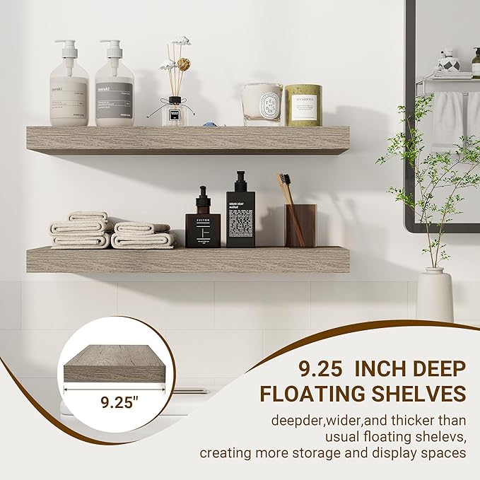 24 Inch Floating Shelves, 3D Textured Wood Grain, 24"x9.25"x1.5" Inch Deep Floating Shelves for Wall, Wooden Shelves for Bathroom, Bedroom, Living Room, Vintage Gray Oak-CasaMuseHome
