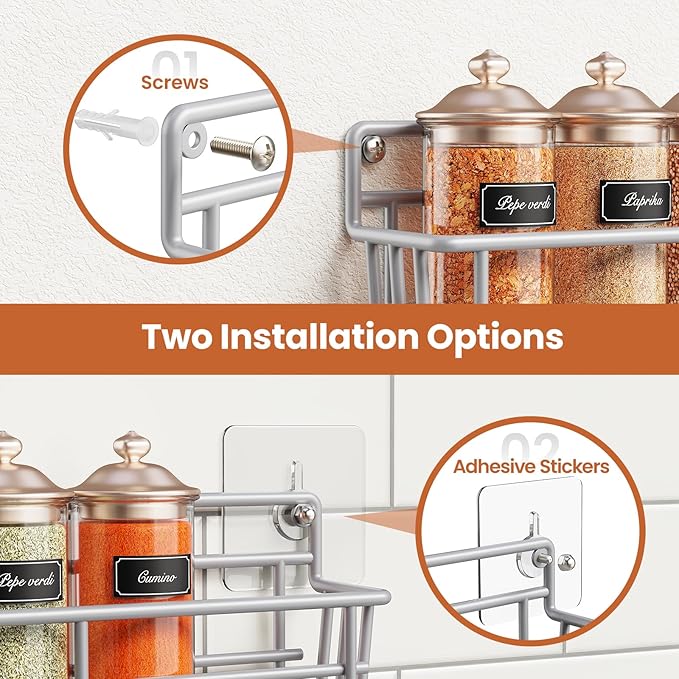 5 Pack Spice Rack Seasoning Organizer Wall Mount, Screw or Adhesive Hanging Shelf Basket Spice Organizer Shelf for Kitchen, Silver-CasaMuseHome