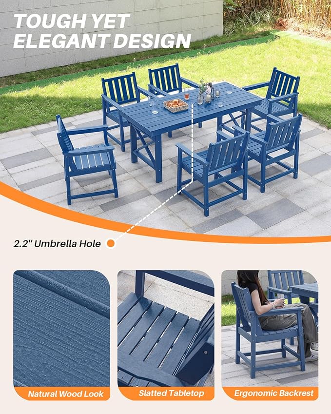7 Pieces HDPE Outdoor Dining Set, Patio Dining Set with Umbrella Hole, All Weather Outdoor Dining Table Sets for 6, HDPE Patio Furniture Sets for Deck, Backyard, Lawn, and Poolside, Navy-CasaMuseHome