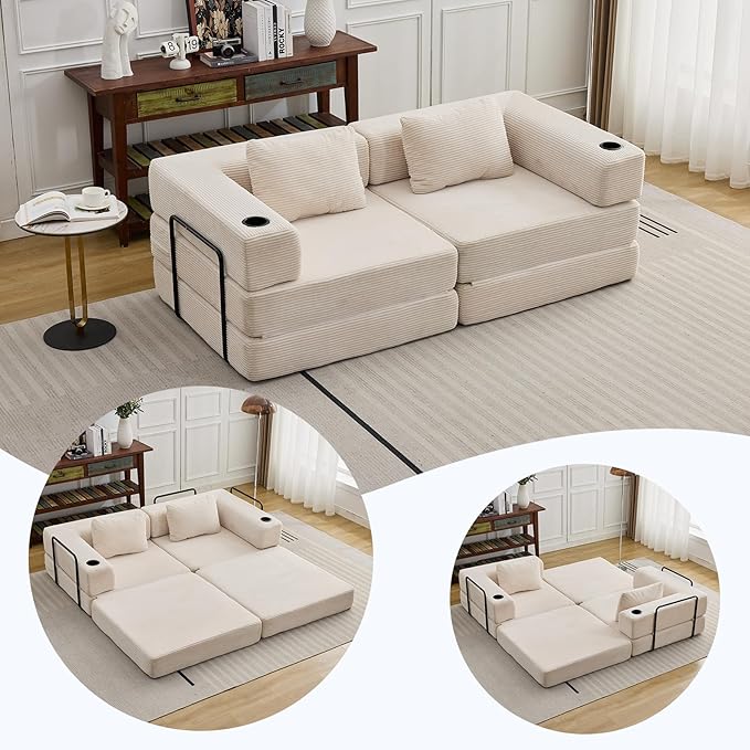78" W Loveseat Sofa, 4 in 1 Convertible Floor Sofa Bed, Boneless Cloud Couch with Cup Holder, Fold Out Floor Couch, Loveseat Recliner Sleeper for Living Room Bedroom Lounge(Corduroy, White)-CasaMuseHome