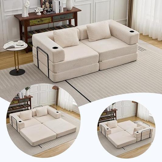 78" W Loveseat Sofa, 4 in 1 Convertible Floor Sofa Bed, Boneless Cloud Couch with Cup Holder, Fold Out Floor Couch, Loveseat Recliner Sleeper for Living Room Bedroom Lounge(Corduroy, White)-CasaMuseHome