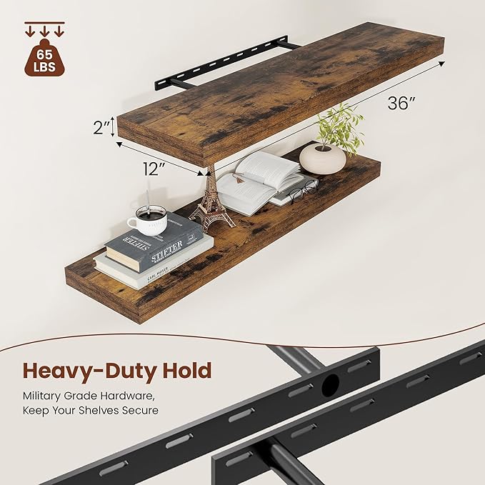12" Deep Floating Shelves for Wall 36 Inches Long, Heavy Duty Wall Shelves for Bedroom Bathroom Kitchen Laundry Room, Farmhouse Rustic Shelves for Home Decor, 36" X 12" X 2" Set Of 2, Rustic Brown-CasaMuseHome