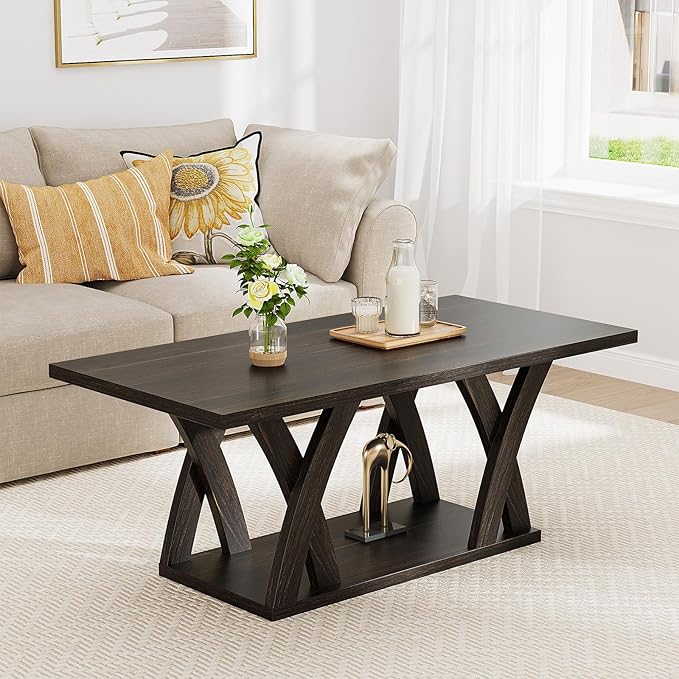 47” Wood Coffee Tables for Living Room Rustic Stands with Storage Shelf Brown Coffee Tables for Living Room. Farmhouse Center Stands with Shelf Farmhouse Rectangle Center Table-CasaMuseHome