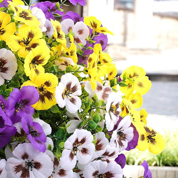 18 Bundles Artificial Fake Pansy Flowers for Outdoor, Faux UV Resistant Silk Pansies Flowers for Outside Planter Front Door Porch Yard Patio Window Box Home Decor (18, Purple, Yellow, White)-CasaMuseHome