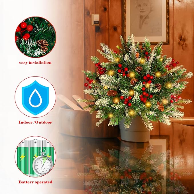 2 Pack Lighted Artificial Christmas Urn Filler, Battery Operated Pre-lit Xmas Pine Trees, Tripod Stake and 60 LED Lights, Holiday Porch Decorations for Porch, Yard, Garden, Flower Beds（Warm White）-CasaMuseHome