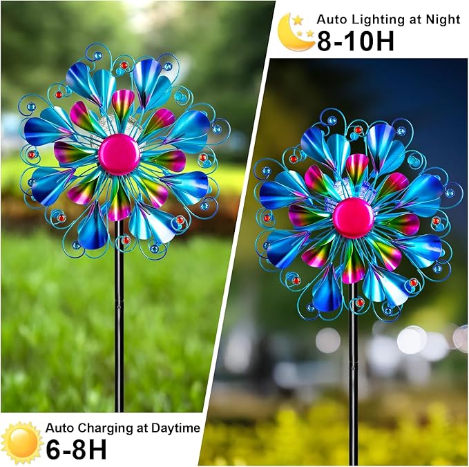 60'' Wind Spinner with Color Glass Ball Solar Lights, Blue Peacock Feathers Metal Garden Outdoor Decor Yard Lawn Art Decor for Patio Kinetic Windmills Unique Gifts for Friends and Family-CasaMuseHome