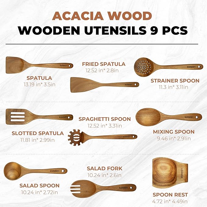 Acacia Wood Kitchen Utensil Set 9PC-Natural Wooden Cooking Tools for Nonstick Pans&Stir Frying,Scratch-Proof&Heat Resistant,Sturdy&Lightweight with Spoon Rest (Kitchen Utensil Set 9PC)-CasaMuseHome