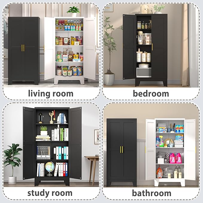 61.02" Kitchen Pantry Cabinet, Pantry Storage Cabinet with 2 Doors and Adjustable Shelves, Black Food Storage for Kitchen, Living Room, Bedroom and Dining Room (Black) Metal Sideboard-CasaMuseHome