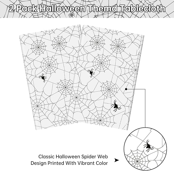 2 Pcs Halloween Tablecloth - Plastic Halloweens Spider Webs Table Cloth, White Disposable Rectangle Spiderweb Table Cover for Halloween Party Decorations Supplies Favors Tables Decor, 108 x 54 Inch-CasaMuseHome
