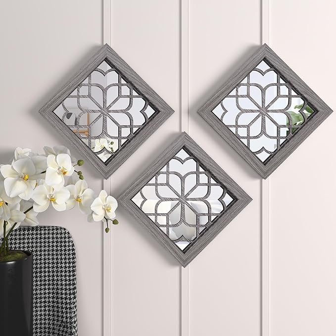 4pcs Farmhouse Wall Mirror with Carved Floral Design -Rustic Mirror Decor for Home, 12x12 inch(Brown)-CasaMuseHome