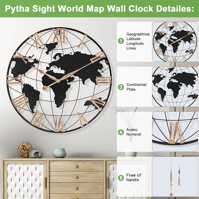 30 Inch Extra Giant Large Wall Clock Oversized,Black Big Metal Modern Decorative Silent World Map Wall Clock with Vintage Gold Roman Numeral for Office,Living Room,Kitchen,Dining Room Decor-CasaMuseHome