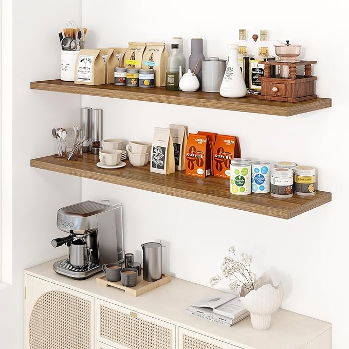 55" Floating Shelves for Wall, 12" Deep Slim Walnut Floating Shelves, Wall-Mounted Shelves for Bedroom, Living Room, Kitchen, Bathroom - Set of 2-CasaMuseHome