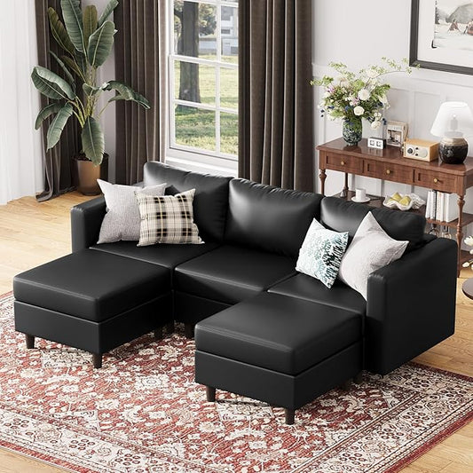 91.5" Faux Leather U Shaped Modular Sectional Sofa, 5 Seater Couch with Movable Ottoman Deep Seat and Storage Seat with Removable Cover for Living Room, Apartment - Black-CasaMuseHome