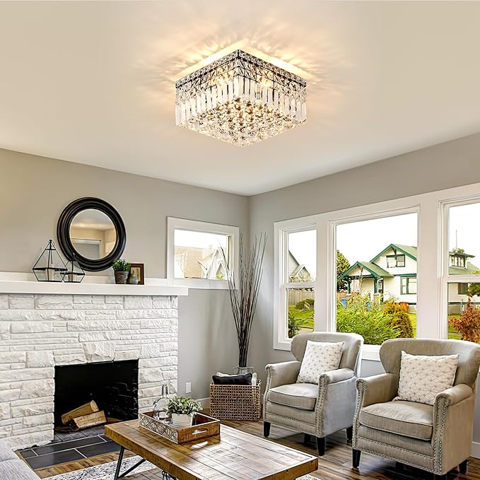 4-Light Black Crystal Chandeliers Flush Mount Chandelier Light Fixture with K9 Crystals Modern Ceiling Lights Elegant Square Lamp for Bedroom,Hallway,Bar,Living Room,Dining Room,H5.9 xW13.7-CasaMuseHome