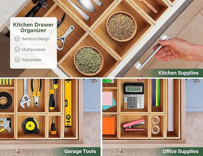 Kootek Bamboo Drawer Organizer with Removable Dividers, 6 Pcs Adjustable Kitchen Drawer Organizer Utensils Bamboo Organizers Silverware Storage Box Cutlery Tray Multi-Use for Bathroom, Makeup, Office-CasaMuseHome