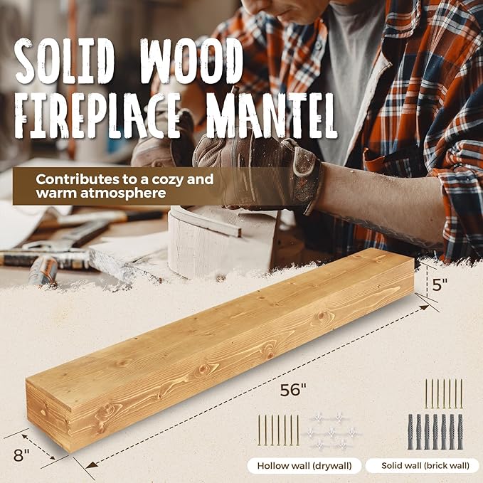 56x8x5 Fireplace Mantel - Handcrafted Rustic Solid Wood Wall Mounted Floating Shelf-CasaMuseHome