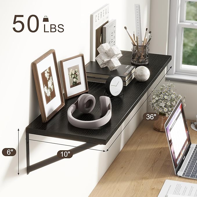 36"W x 10"D Floating Shelves, 10 Inch Deep Black Floating Shelves, Farmhouse Rustic Deep Wall Shelves for Home Decor, Wide Large Floating Shelf for Bathroom, Living Room, Kitchen, Study Room-CasaMuseHome