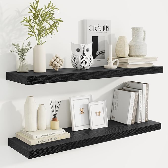 36 Inch Floating Shelves, 9.3 Inch Deep Rustic Wall Shelves - Extra Deeper Wall Mounted Storage Shelves for Bathroom, Kitchen, Living Room (Black, Set of 2)-CasaMuseHome