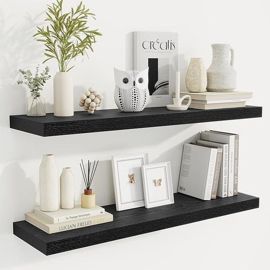 36 Inch Floating Shelves, 9.3 Inch Deep Rustic Wall Shelves - Extra Deeper Wall Mounted Storage Shelves for Bathroom, Kitchen, Living Room (Black, Set of 2)-CasaMuseHome