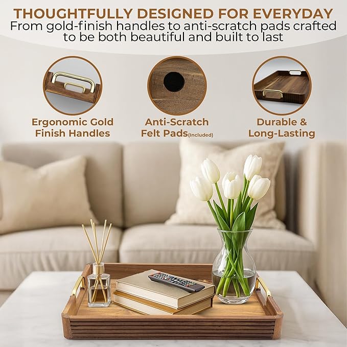 Acacia Wood Serving Tray with Metal Handles – 17x12in Rustic Decorative Ottoman & Coffee Table Tray for Breakfast in Bed, Dinner, Bar, Kitchen, Home Décor & Entertaining-CasaMuseHome